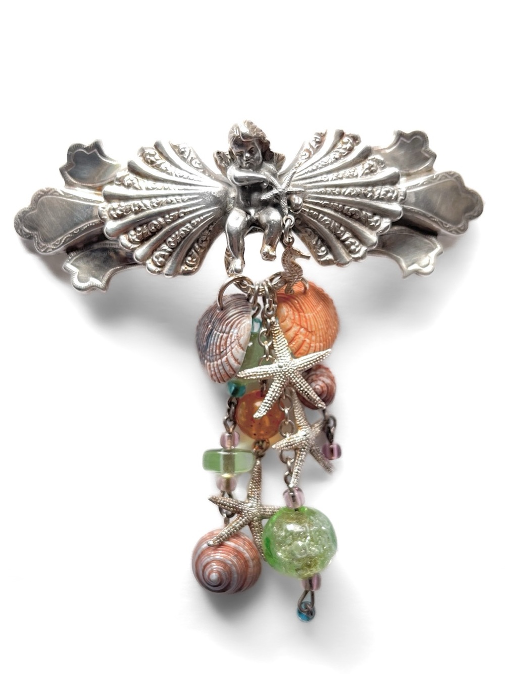 80s Exquisite KIRKS FOLLY Cupid Seashell Dangle Clip Barrette FRANCE Silverplate